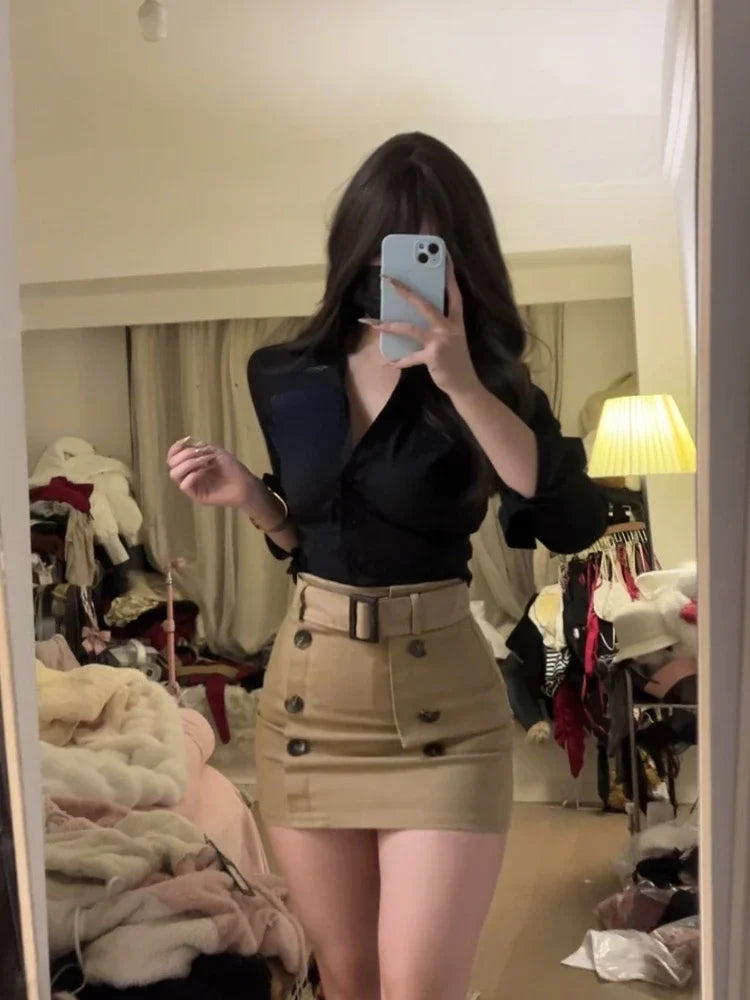 Office Lady Skirt Sets Women Casual Slim White Shirt + Outwear Bodycon