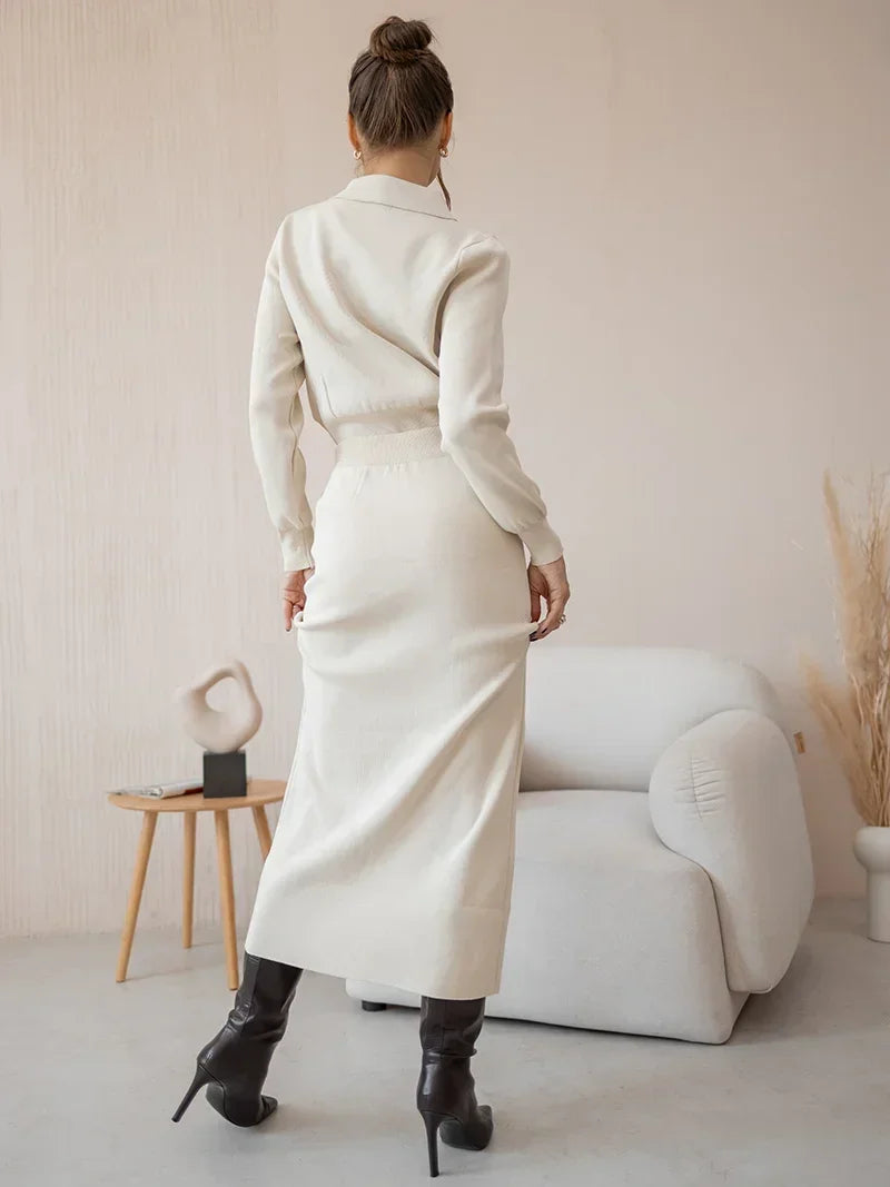 2024 Autumn Winter Elegant Knit Blazer Skirt Set Women Black White