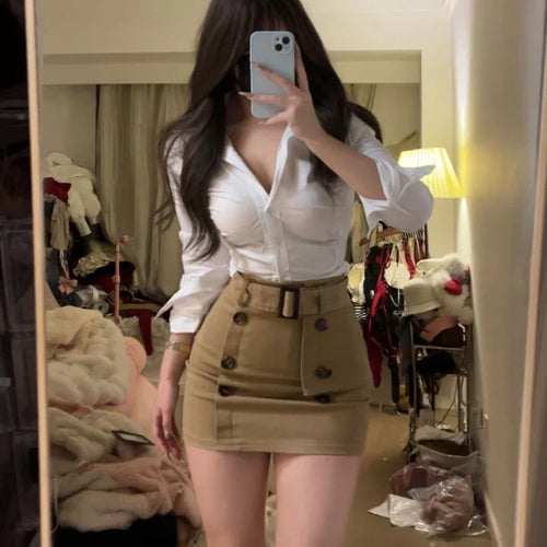 Office Lady Skirt Sets Women Casual Slim White Shirt + Outwear Bodycon
