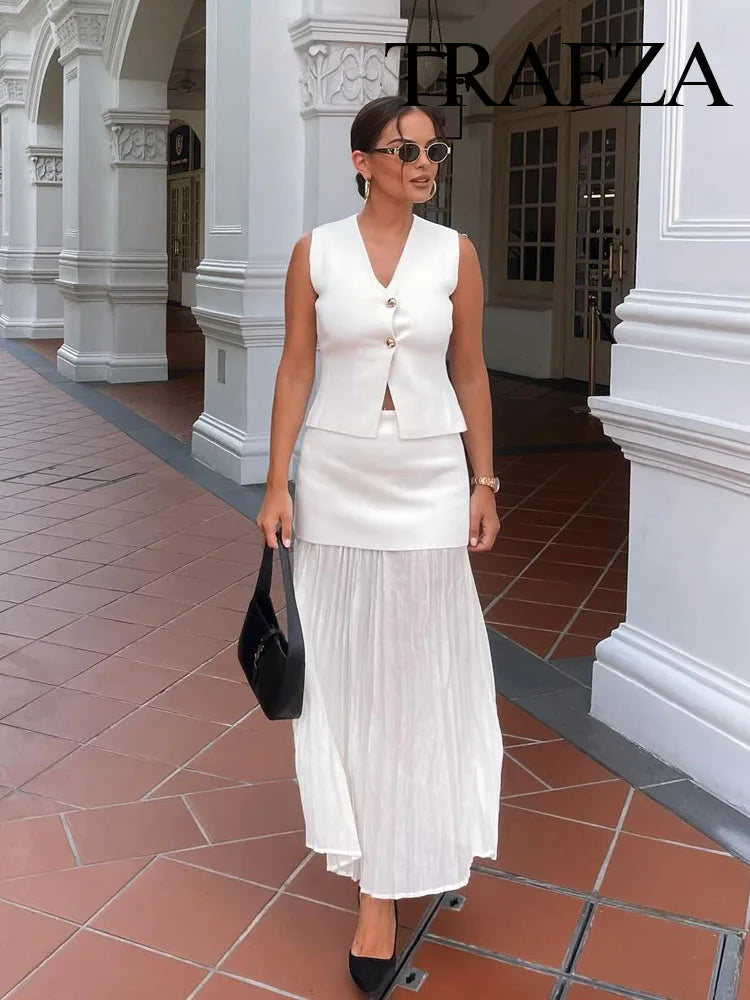 TRAFZA Women 2 Piece Set Chic V-Neck Sleeveless Button Knitted Vest