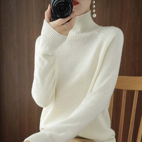 Fashion Basic Autumn Winter  Merino Wool Sweater Mock Neck Cashmere