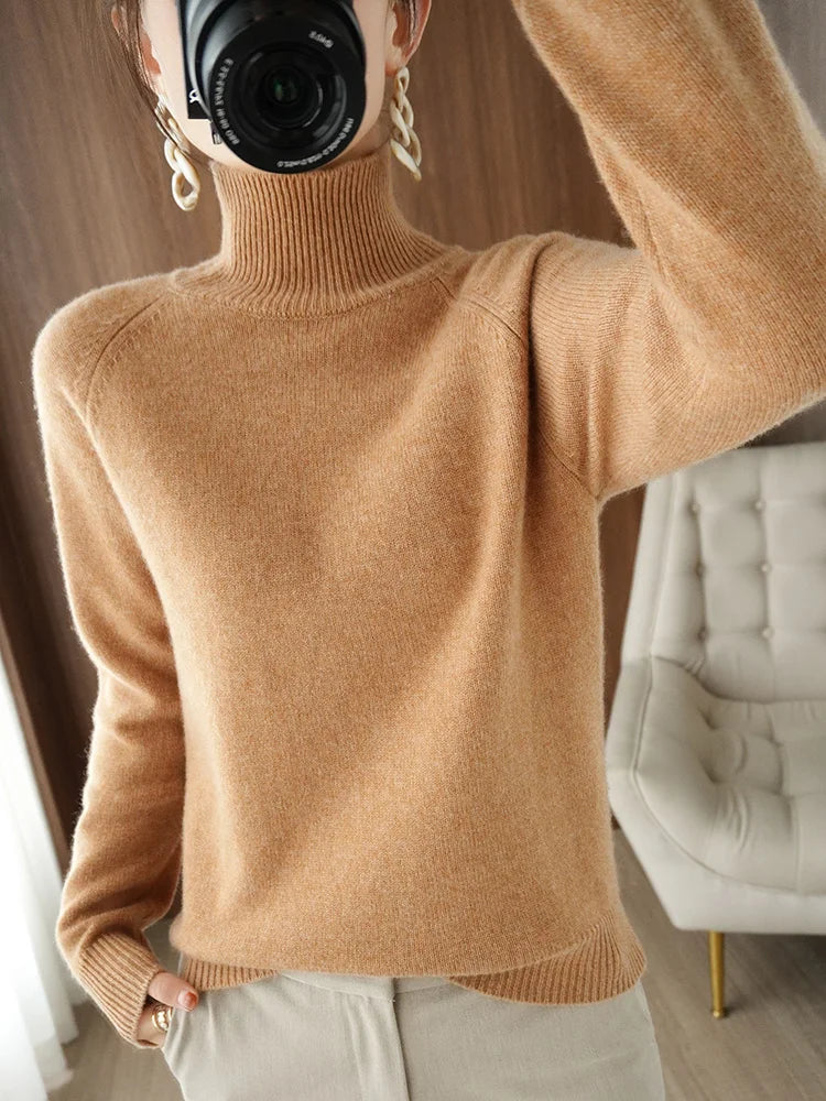 Fashion Basic Autumn Winter  Merino Wool Sweater Mock Neck Cashmere