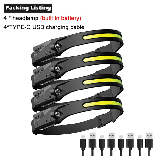 LED Sensor Headlamp Built-in Battery USB Rechargeable Head Flashlight