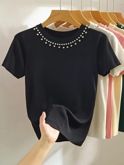 2024 Korea Knitted T-shirt Women Top Solid Tank Y2K Summer New Fashion