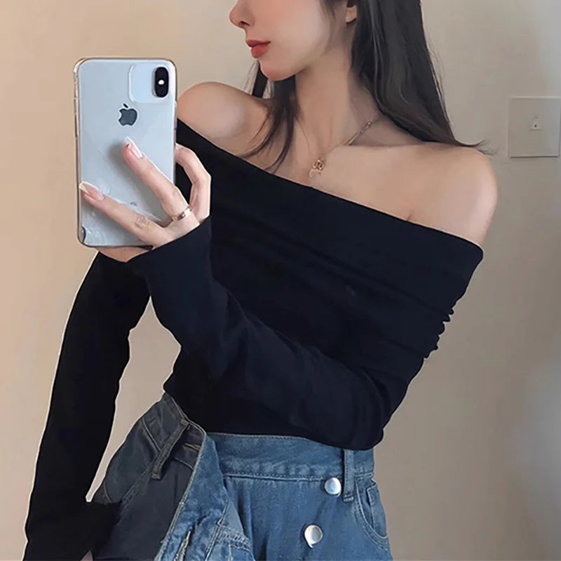 Black Sexy Tops Off Shoulder Long Sleeve T-shirt Women's Solid Elegant