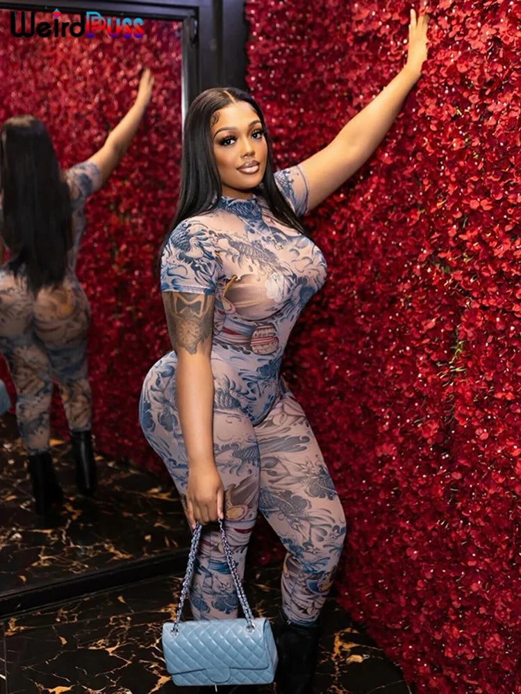 Weird Puss See Through Jumpsuit Women Backless Dragon Print Short