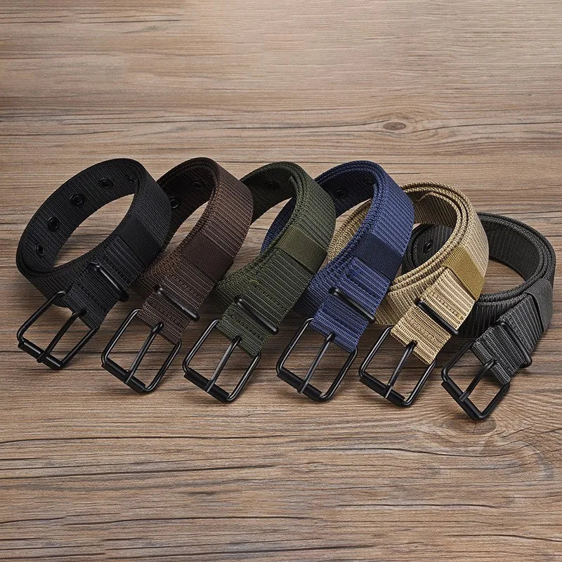 Men's Belt Porous Canvas Pin Buckle Leather Belt Outdoor Sports Belt