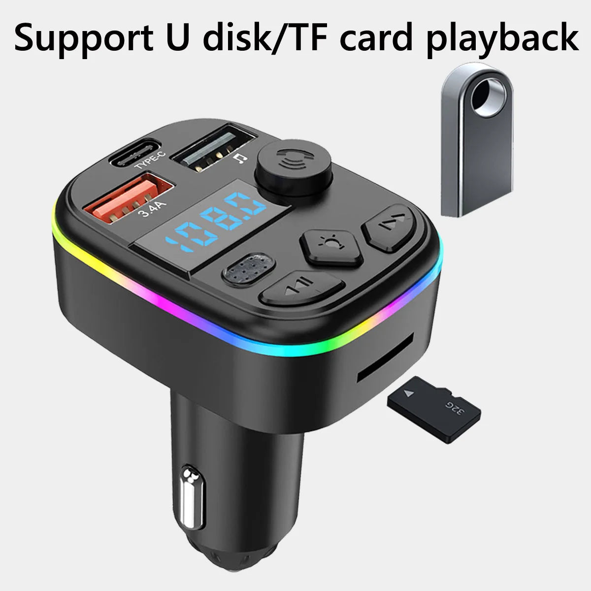 FM Transmitter Support TF Card U Disk Car MP3 Player Dual USB Type C