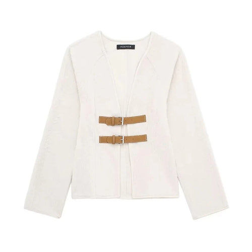 TRAF Woman Vintage White Leather Buckle Woolen Jacket Female 2024