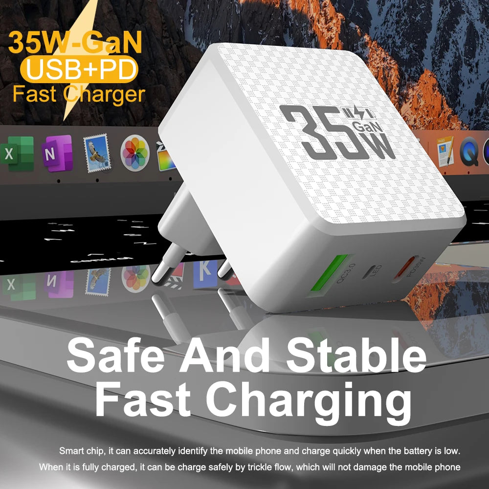 2 Ports Mini 35W GaN USB Type C Charger QC3.0 Portable Fast Charging