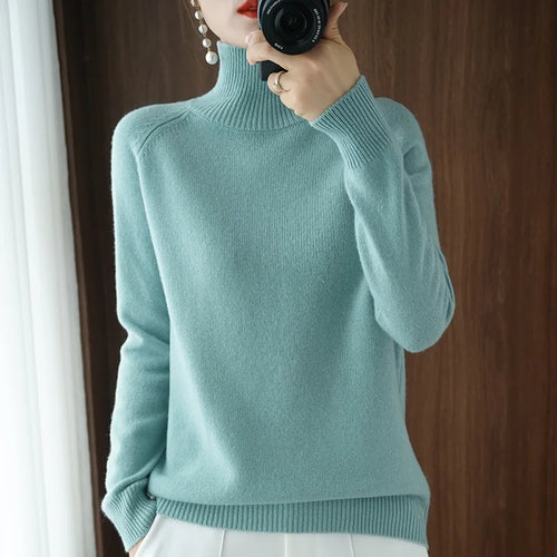 Fashion Basic Autumn Winter  Merino Wool Sweater Mock Neck Cashmere