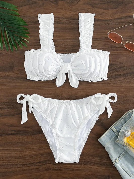 Schiffy Knot Front Tie Side Bikinis 2024 White Swimsuit Women Swimwear