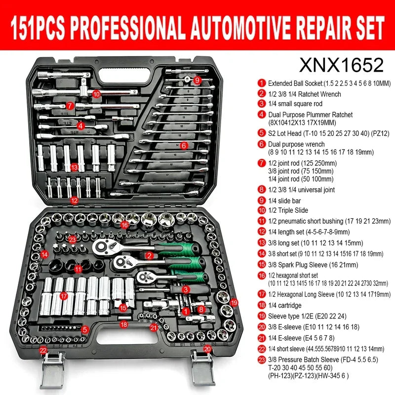 151pcs Drive Socket Set, 1/2 1/4 3/8 Inch Ratchet Wrench Set Ratchet