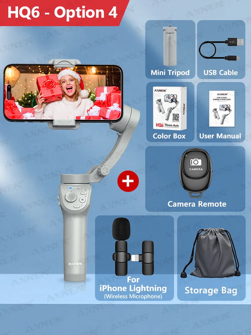 AXNEN HQ6 Gimbal for Smartphone, 3-Axis Handheld Gimbal, with Smart