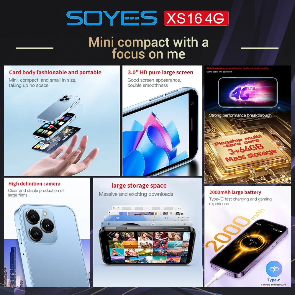 SOYES XS16 Mini 4G LTE Android10.0 3GB Smartphone  RAM 64GB ROM 3"