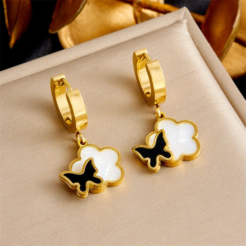 DIEYURO 316L Stainless Steel White Beihua Black Butterfly Necklace