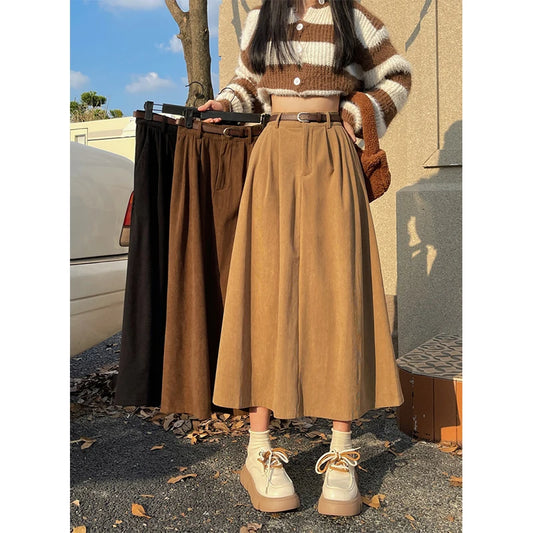 Vintage Belt Corduroy Midi Skirt Women High Waist Pleated A Line