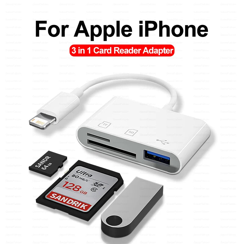 3 In 1 SD TF Card Reader For Apple iPhone 14 12 13 11 Pro Max XR XS