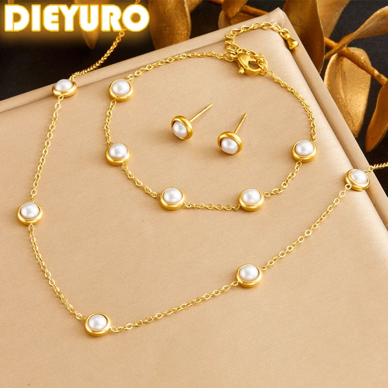 DIEYURO 316L Stainless Steel Round White Pearl Necklace Bracelet