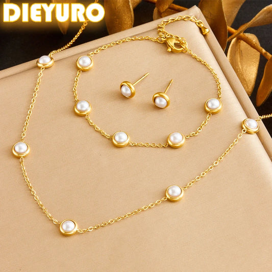 DIEYURO 316L Stainless Steel Round White Pearl Necklace Bracelet