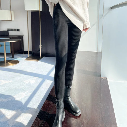 Slim Leggings Autumn Women High Waist Casual Trousers Knitted Ribbed