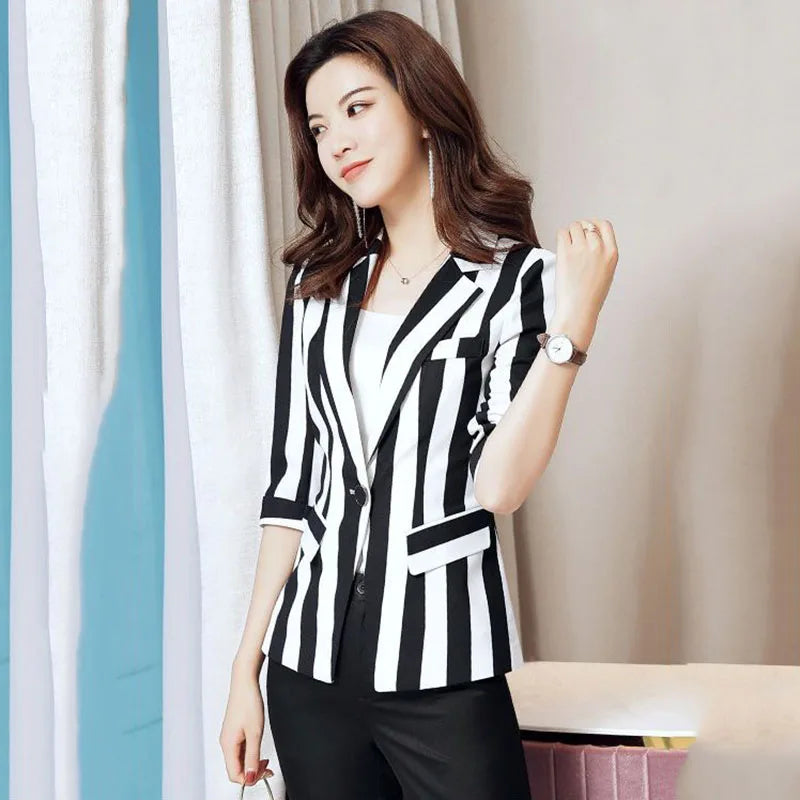 Black and White Striped Small Suit Jacket for Women, Female Blazer,
