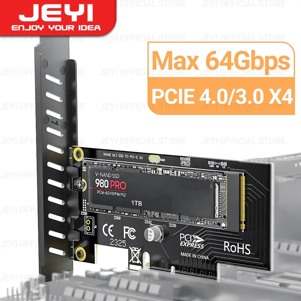JEYI M.2 NVME to PCIe 4.0 3.0 SSD Adapter, 64Gbps PCIe 4.0 X4 X8 X16
