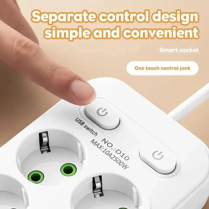 EU Plug AC Outlet Multitap Power Strip 2m Extension Cord Electrical
