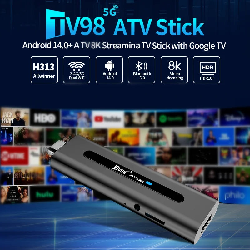 TV98 ATV 8K Smart TV Stick Android 14 ATV Allwinner H313 2.4G 5G Wifi