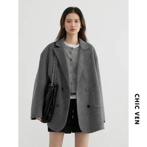 CHIC VEN Women's Woolen Coats Loose Casual Double Breasted Retro