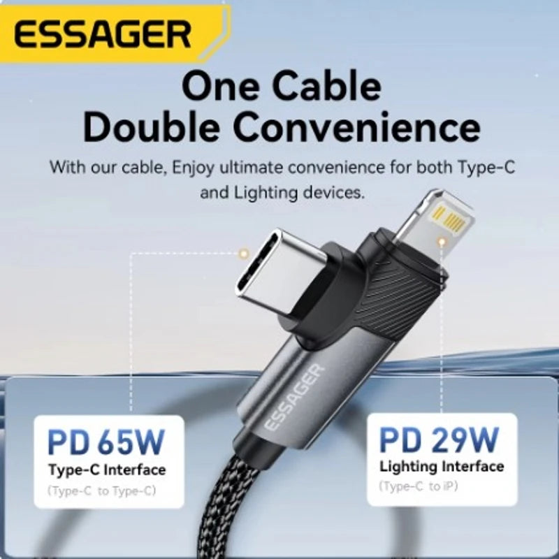 Essager 2 in 1 USB Type C Cable 65W PD Fast Charging Wire Type C To