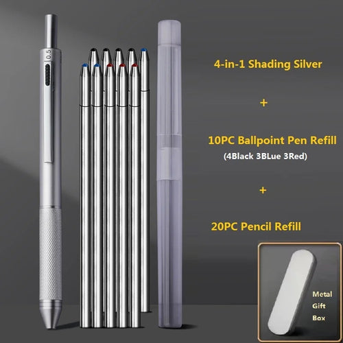 4 In 1 Multifunction Luxury Pen, 0.7mm 3 Color Ballpoint 0.5mm