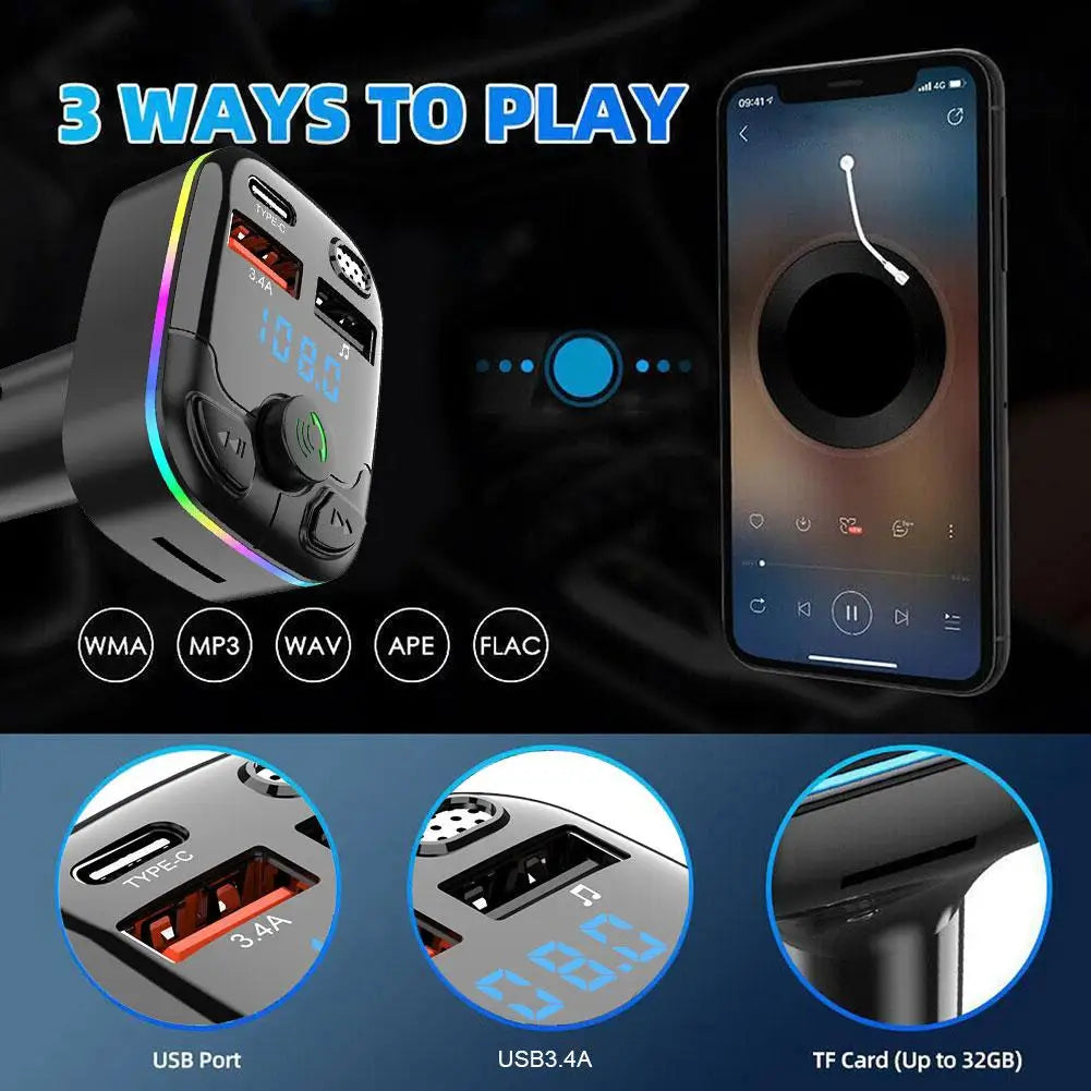 Bluetooth 5.0 Car FM Transmitter PD Type-C Dual USB Ambient Player MP3