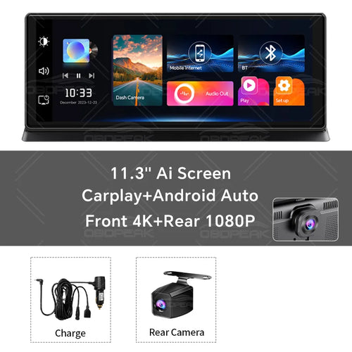 K2 Pro 11.3" Car DVR 4K Camera Wireless Carplay Android auto Ai Screen