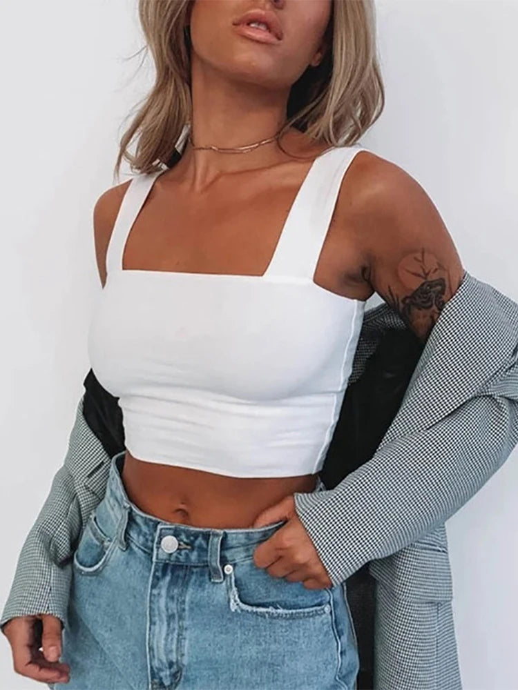 Square Neck Sleeveless Summer Crop Top White Women Black Casual Basic