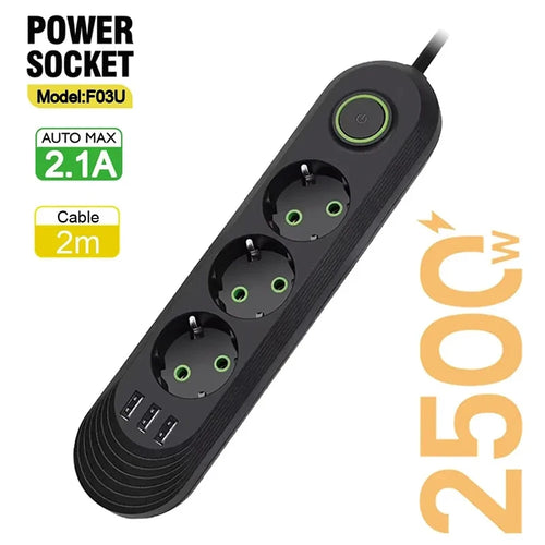 2500W EU Plug AC Outlet Multiprise Power Strip 2M Extension Cord