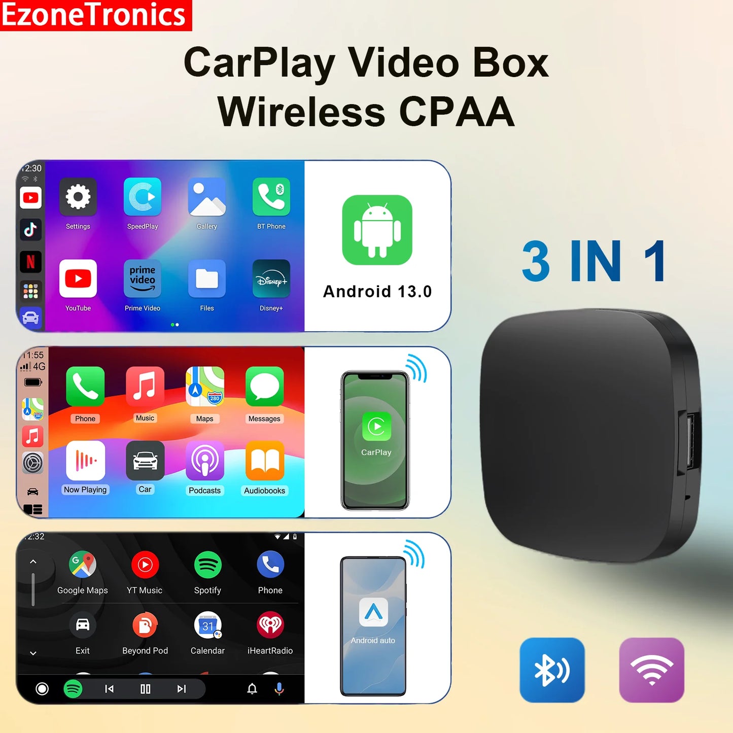 Ezonetronics Android 13 CarPlay Ai Box Wireless Android Auto Smart TV