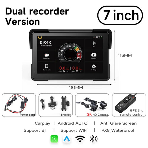 7'' Motorcycle DVR GPS navigator Dash Cam Wireless Carplay Android