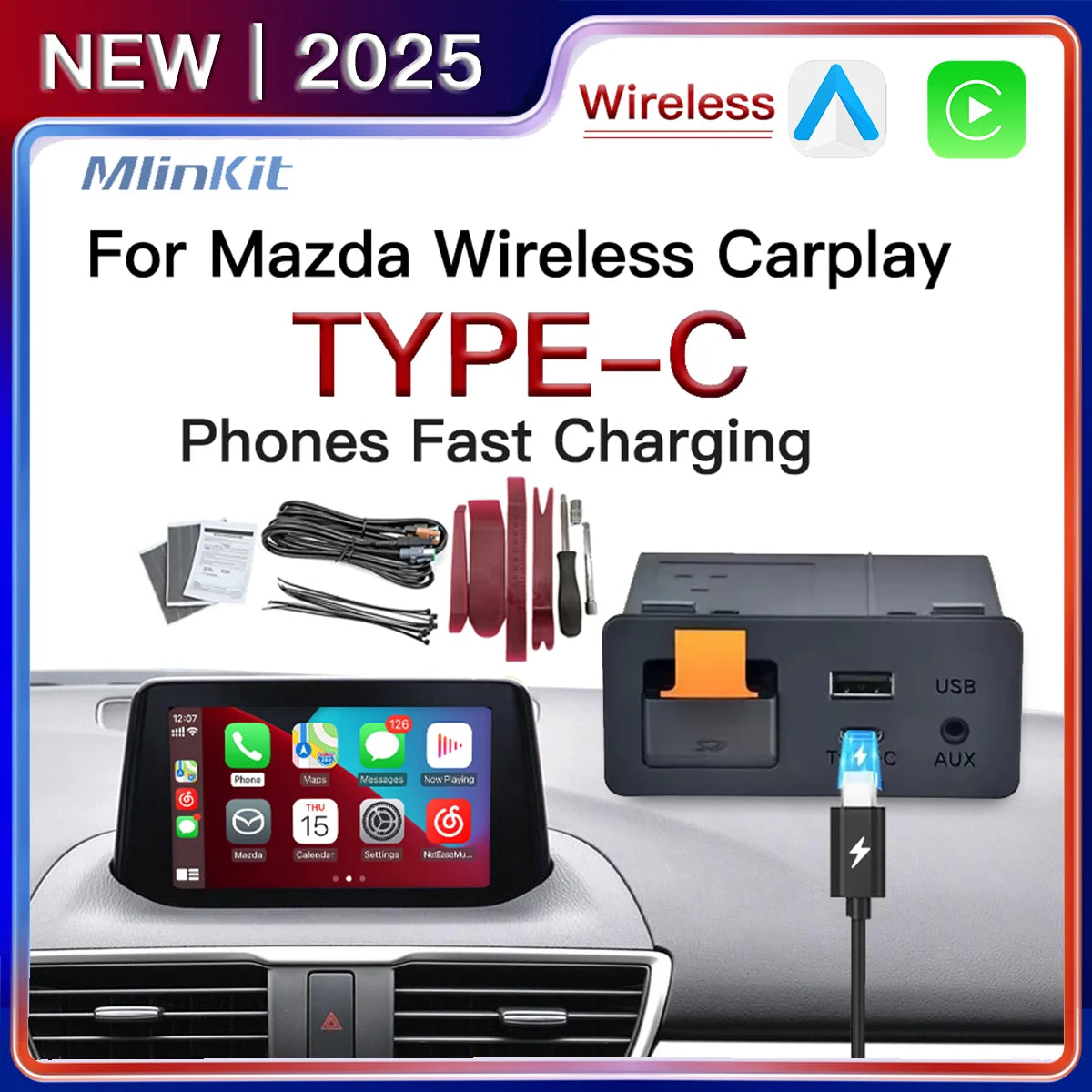 Type-C CarPlay Wireless Android Auto USB Adapter for Mazda 2 3 6 CX3