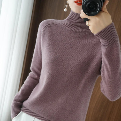Fashion Basic Autumn Winter  Merino Wool Sweater Mock Neck Cashmere