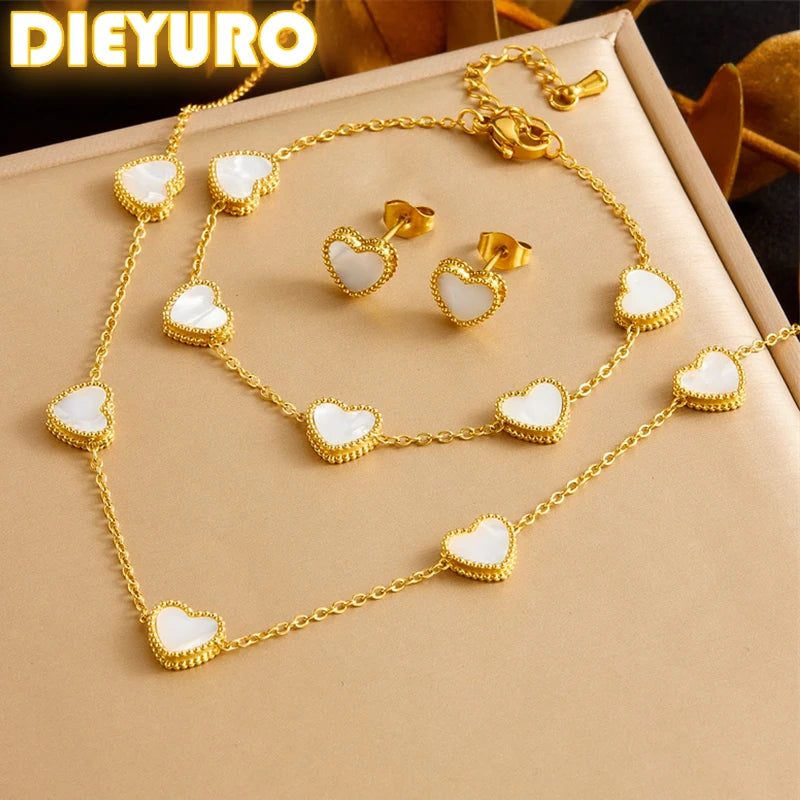 DIEYURO 316L Stainless Steel Simple Elegant White Shell Heart Necklace