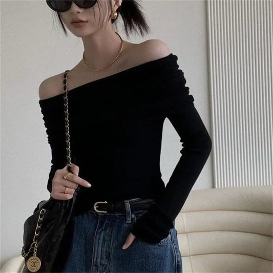 Black Sexy Tops Off Shoulder Long Sleeve T-shirt Women's Solid Elegant