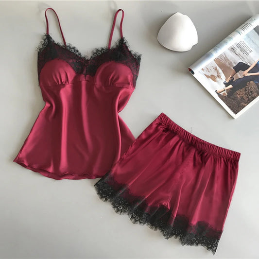 2Pcs Women's New Pajama Set Cute Fashion V-Neck Lace Sexy Lingerie
