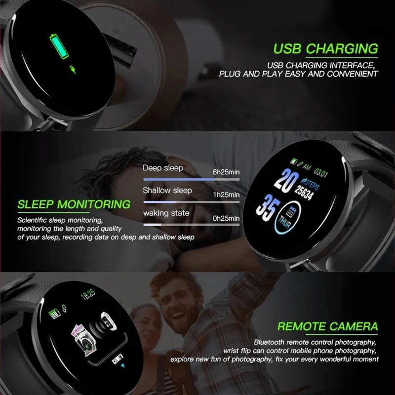 New D18 Smart Watch Men Women Smartwatch Heart Rate Blood Pressure