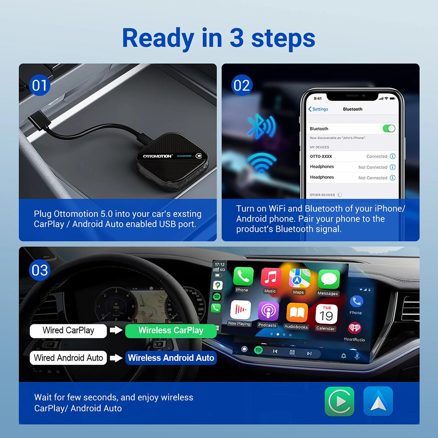 OTTOMOTION 5.0 Wireless CarPlay Android Auto Adapter Wireless Box for