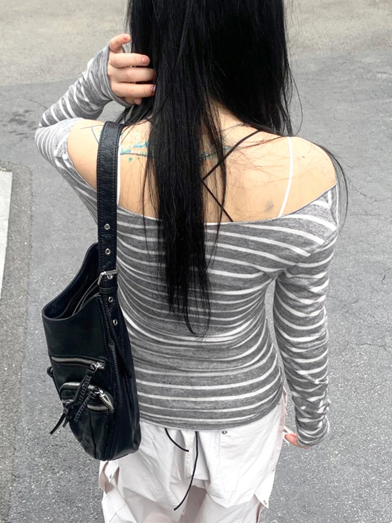 Sweetown Japanese Basic Slim Long Sleeve Stripe Tee Off Shoulder O