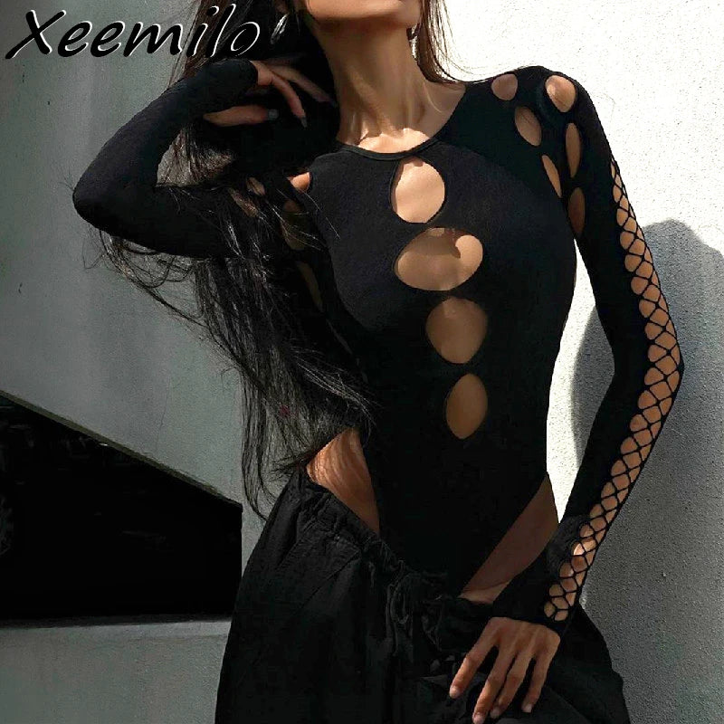 Xeemilo Sexy Dot Hollow Out Bodysuit Y2K Gothic Punk Long Sleeves