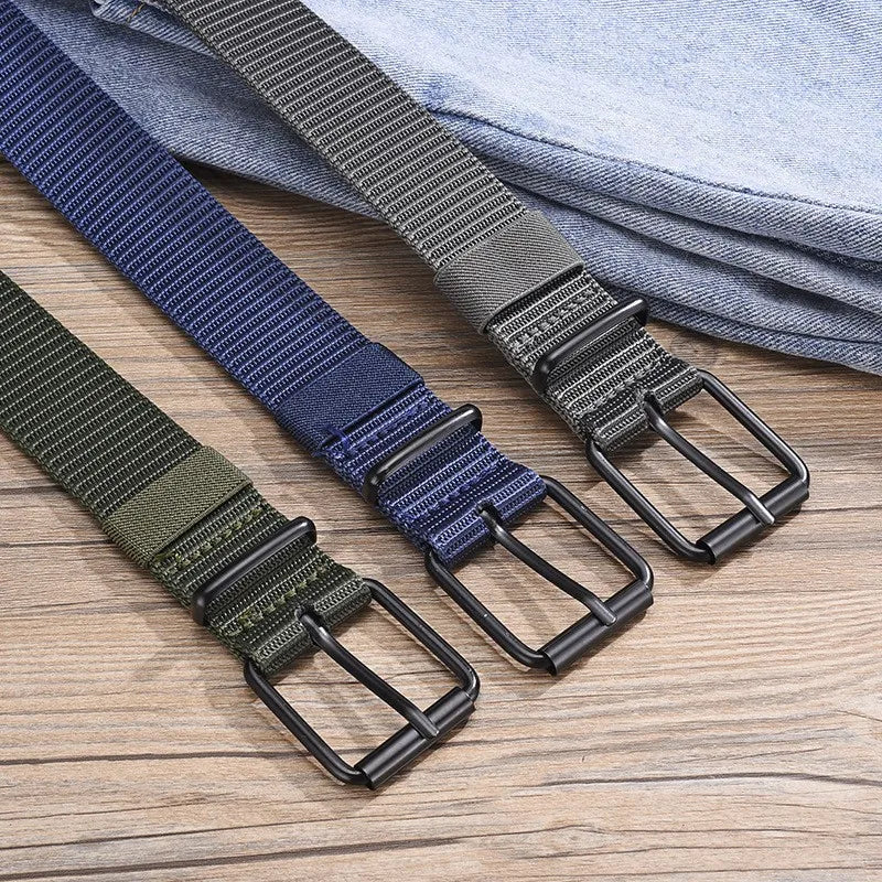 Men's Belt Porous Canvas Pin Buckle Leather Belt Outdoor Sports Belt