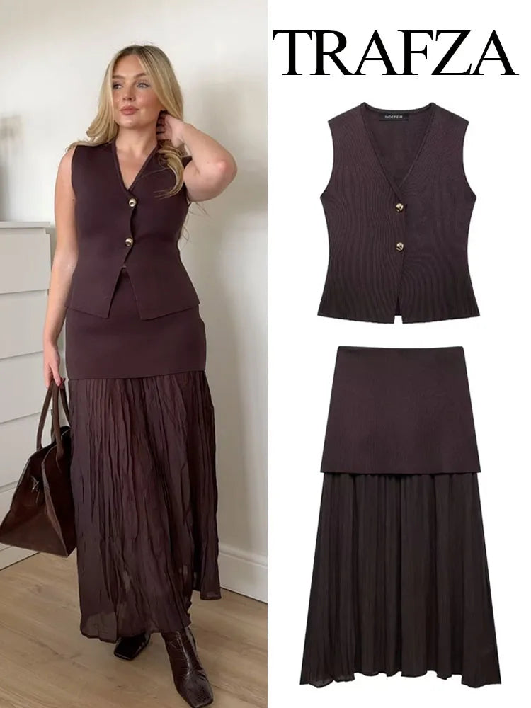 TRAFZA Women 2 Piece Set Chic V-Neck Sleeveless Button Knitted Vest