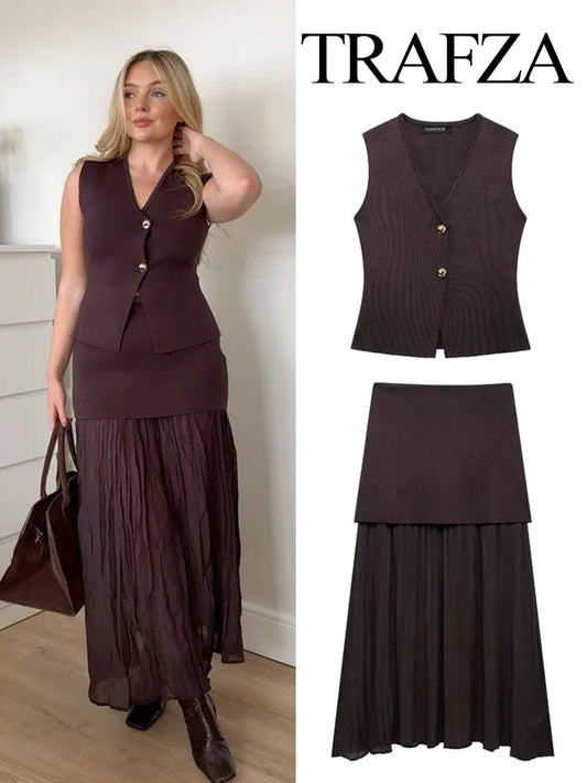 TRAFZA Women 2 Piece Set Chic V-Neck Sleeveless Button Knitted Vest